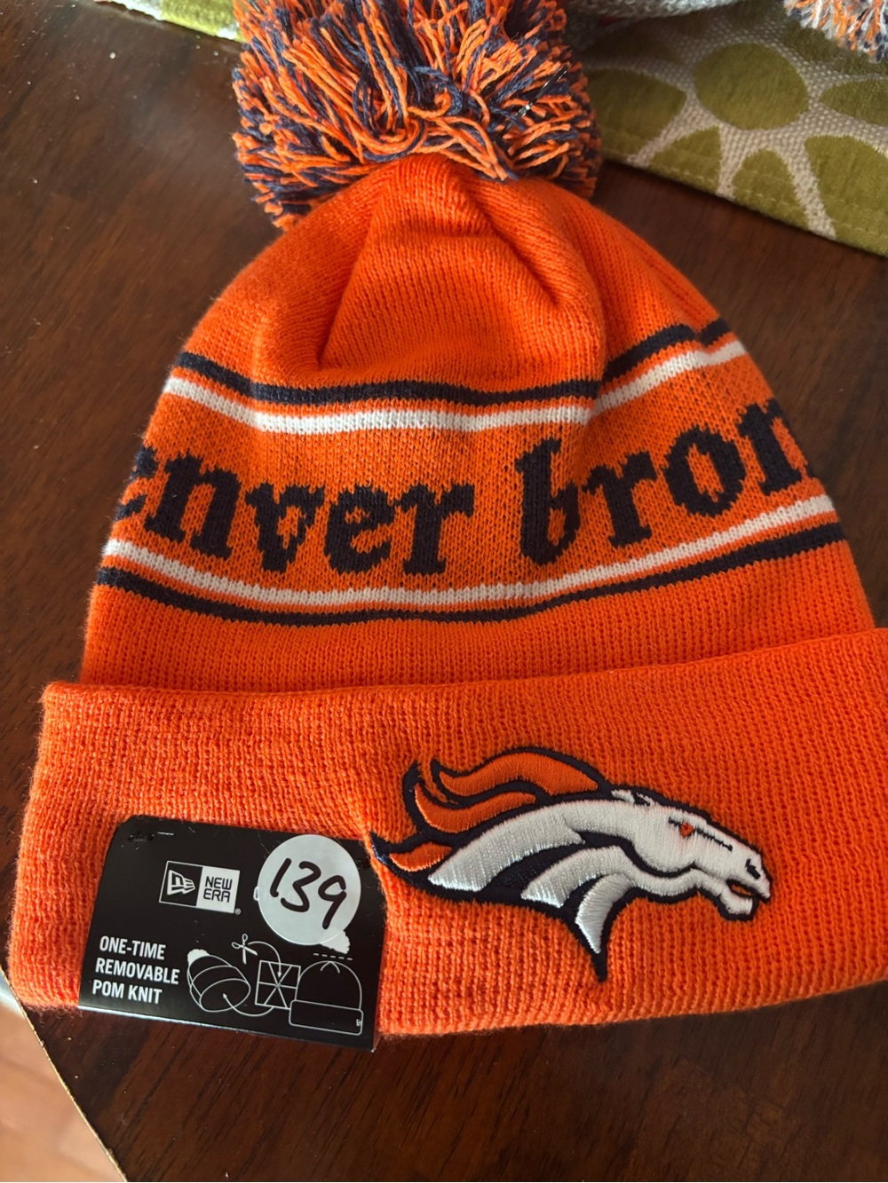 NFL Orange and Navy Pom Pom Kids Beanie with Team Logo NWT